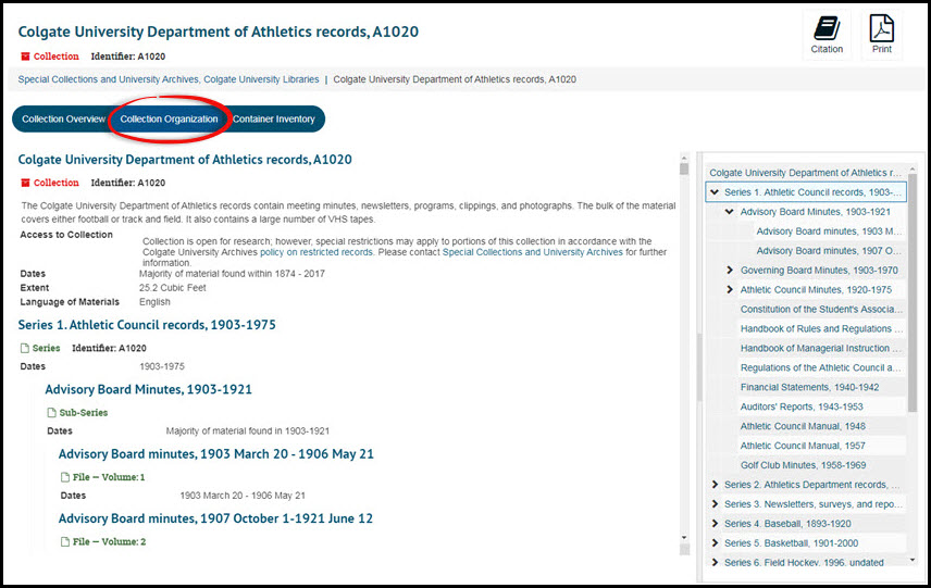 Screenshot of Colgate University Department of Athletics records Collection Organization page