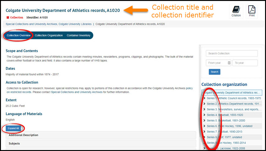 Screenshot of the Colgate University Department of Athletics records Collection Overview
