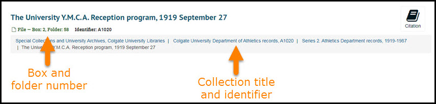 Screenshot of an item record with arrows pointing to box number, folder number, collection identifier, and collection title.