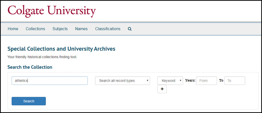Screen shot of single search box with keyword "athletics"