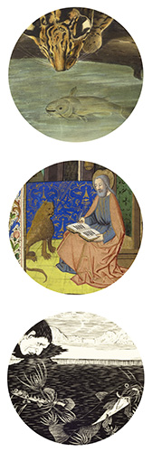 Portions of three images from the exhibit. An ocelot looking at a fish in the water; St. Mark with a lion; a man looking at a fish in a lake.